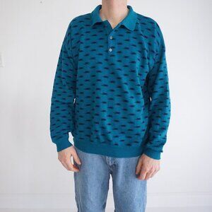 VTG '80S 3130 Teal Black Eclectic Grandpa Boxy Fit Fine Knit Collared Sweater XL